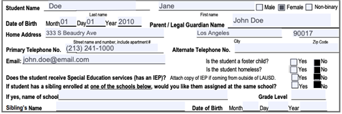 Filled application, student information section